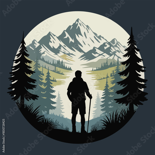 Silhouette of a man walking in a romantic winter forest landscape under the moonlit night sky