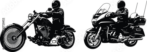 Set of Two Detailed Motorcycle Silhouettes: Chopper Cruiser and Touring Bike Rider, Motorbike Driving and Transportation Black Vector Art