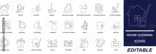 house cleaning line icon set featuring mop, sanitation, housekeeping, maid, glove, spray, person, furniture, broom, mop, vacuum, dusting, washing, and home maintenance symbols