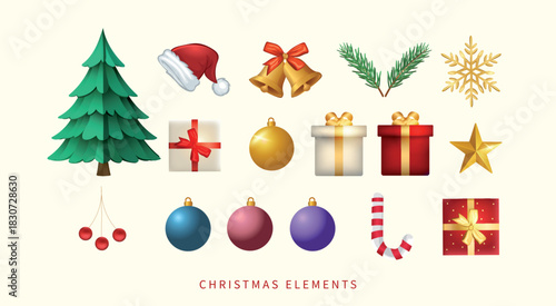 Set of 3D realistic Christmas and New Year vector objects. Santa hat, candy cane, gift box, Christmas balls, tree, snowflake, star, bells, etc decoration elements.