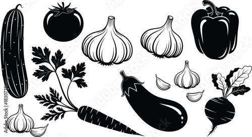Set of various fresh vegetables, including garlic, cucumber, tomato, carrot, eggplant, beet, and bell pepper, black and white vector illustration, healthy food and organic farming concept