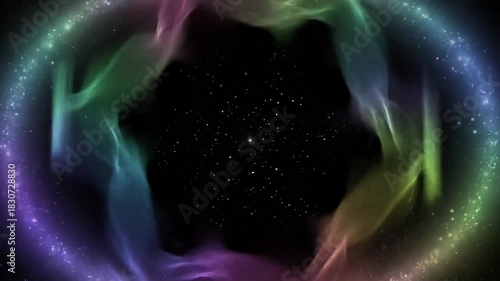 Abstract swirling rainbow light portal in dark space with stars