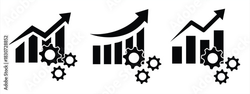 Icon set of business growth and efficiency represented by rising bar graph and gear icon, vector illustration