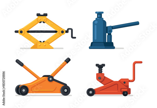Car jack tools, flat vector illustration, lifting devices, hydraulic equipment