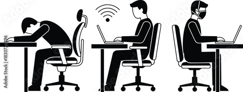 Set of vector pictograms showing office worker sleeping, working with internet, and wearing face mask, isolated on white background for business.