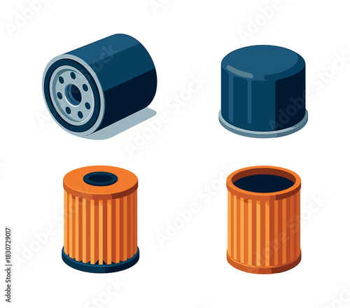 Car oil filter set, flat vector illustration, automotive, mechanical parts