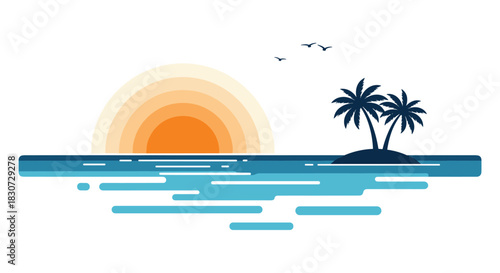 Vibrant flat design illustration of a tranquil tropical sunset or sunrise over the calm ocean, with a small island featuring two palm trees.
