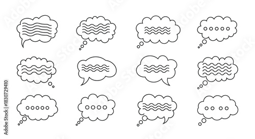 Cartoon speech and thought bubbles with wavy lines and ellipsis symbols, isolated on white.