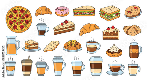 A vibrant assortment of cartoon illustrations depicting various popular fast food and cafe items, including pizza, pastries, cakes, sandwiches, and hot drinks.