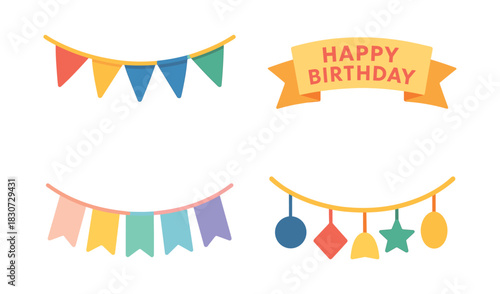 Birthday banner set, festive garlands, party decorations, flat vector illustration