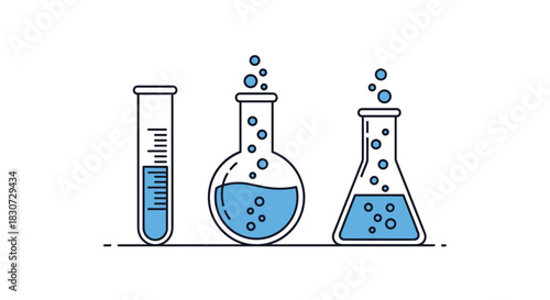 Minimalist illustration of chemistry lab glassware, including a test tube, round-bottom flask, and Erlenmeyer flask, containing bubbling blue liquid.