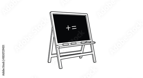 Black and white line art illustration of a chalkboard on an easel displaying a plus sign and an equals sign, with three chalk sticks on its tray.