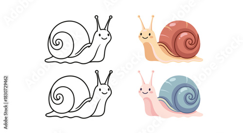 A collection of charming cartoon snails, presented as black line art and cheerful, colorful digital illustrations for creative projects.
