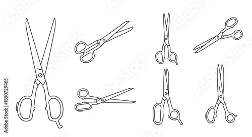 A collection of various hand-drawn line art illustrations depicting different types of scissors, perfect for design elements.