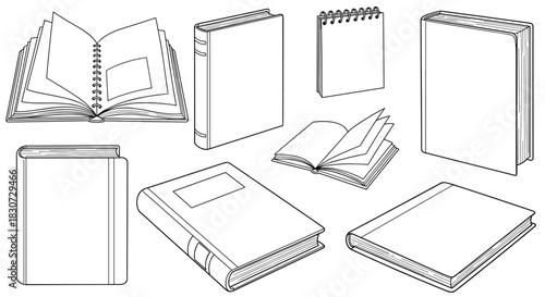 A collection of various books and notebooks, including open and closed ones, perfect for educational or reading themes.