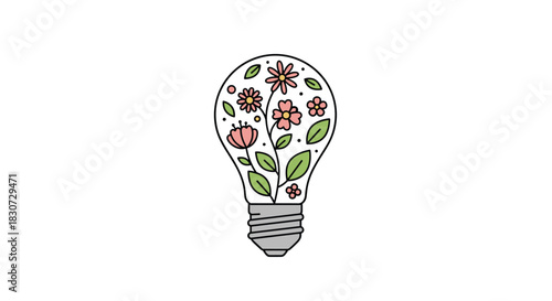 A stylized lightbulb design features various colorful flowers and green leaves growing inside, symbolizing eco-friendly ideas and sustainable energy.