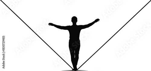 Silhouette of a person balancing on a tightrope with outstretched arms, symbolizing risk, challenge, skill, balance, focus, success, and the concept of overcoming life's obstacles.