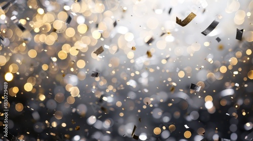 Gold and silver confetti falling on a festive bokeh background. Abstract celebration for a party or New Year's Eve. Sparkling glitter texture