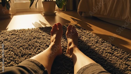 Inviting Sunlight Illuminates Bare Feet on a Shaggy Rug in a Relaxing Bedroom Scene