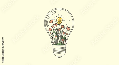 A vibrant concept illustration featuring a lightbulb filled with blooming flowers, symbolizing the growth of innovative and sustainable ideas.