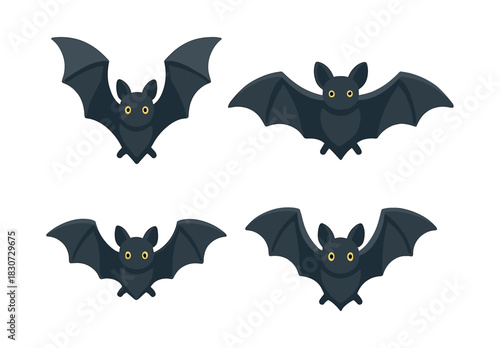 Halloween bats collection, cute creatures, flat vector illustration