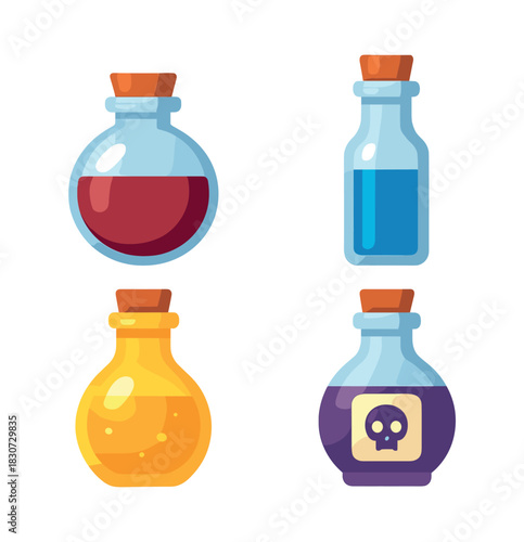 Potion bottles collection, elixir, magic flask, flat vector illustration