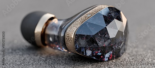 A luxurious earbud with a faceted, jeweled design and gold accents, lying down