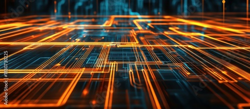 Abstract Digital Network with Glowing Data Lines and Circuit Board Elements
