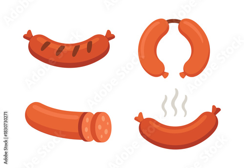 Sausage varieties, flat vector illustration, cured meat, culinary design