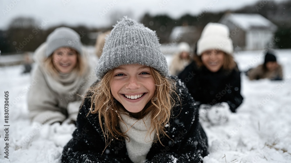 Fototapeta premium A group of cheerful children enjoying a snowy day, laughing and playing together with happiness radiating, creating a beautiful moment filled with childhood joy and winter fun.