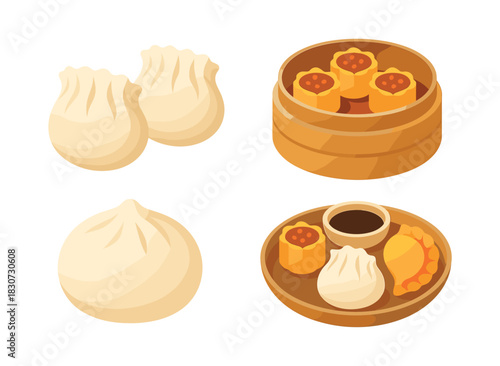 Dim sum variety, dumplings and bao, flat vector illustration in vibrant style