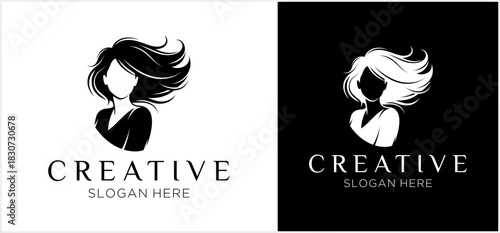 Elegant logo template featuring a woman's silhouette with flowing hair, presented in black and white versions.