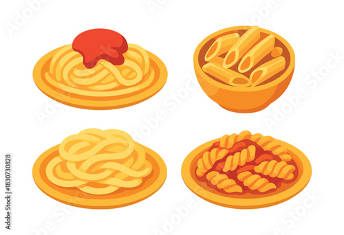 Pasta dishes, spaghetti, noodles plate. Pasta vector illustration