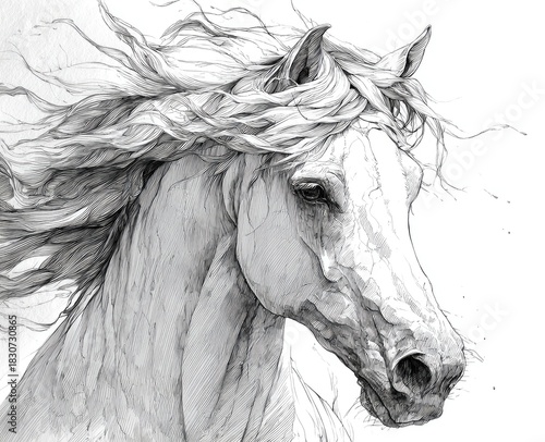 Exquisite monochrome horse portrait with flowing mane