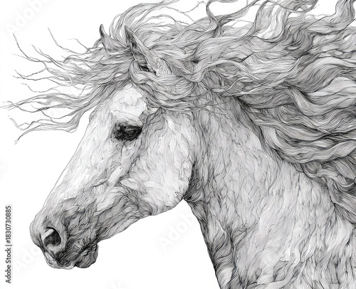 Elegant horse head portrait, mane flowing in wind, rendered in grayscale charcoal style
