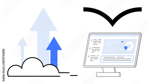 Arrows emerging from a cloud indicating progress, next to a computer screen displaying analytics. Ideal for data analysis, cloud technology, growth, business strategy, innovation, scalability