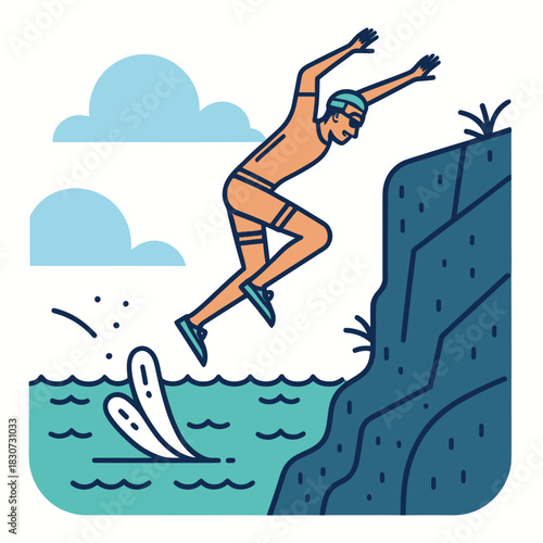 Athlete cliff jumping in midair with splash pose