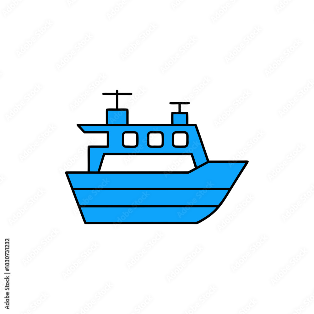 Obraz premium Illustration of a blue boat with antennas on top on transparent background