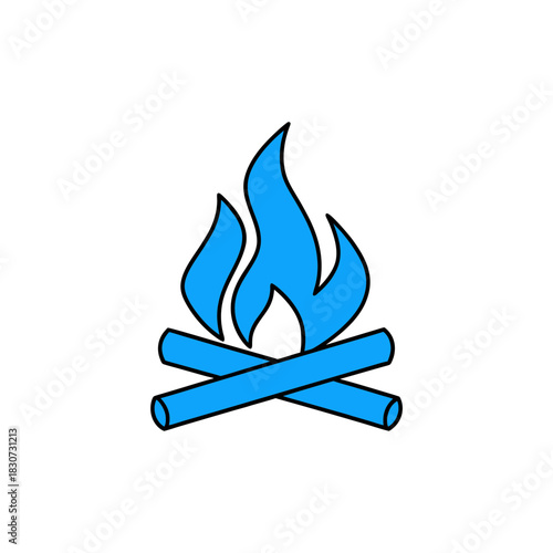 Blue campfire with logs and flames in simple style on transparent background