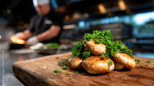 Fototapeta Naklejka Na Ścianę i Meble -  A chef skillfully prepares gourmet mushrooms on a cutting board in a bustling kitchen setting, highlighting culinary artistry and gastronomy in a warm and inviting atmosphere.