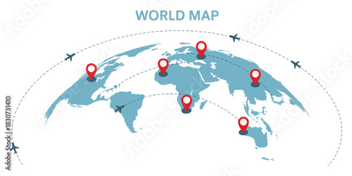 Infographic vector world map with multiple locations, red pointers, simple communication template, global map illustration for presentations, business, data visualization, and infographic design.