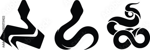 Set of three abstract black snake silhouette logos vector illustration, stylized serpent reptile icons collection isolated on white background for tattoo design.