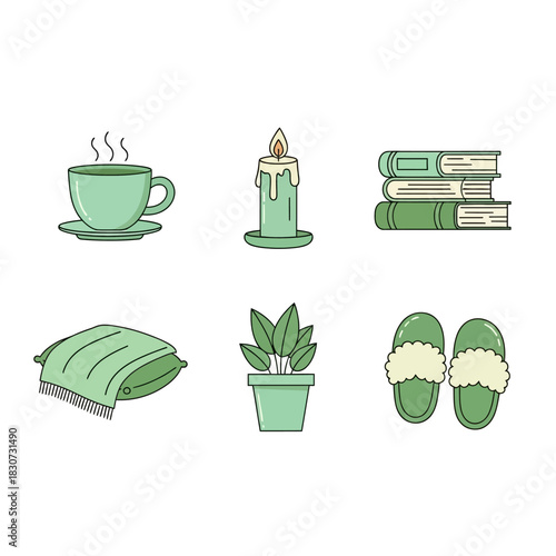 Cozy minimalist elements offering a comforting atmosphere with teal and gentle colors and outlines