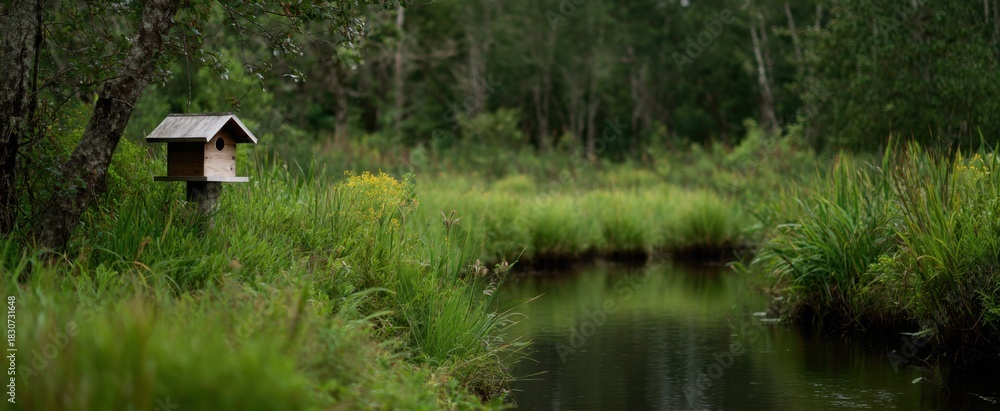 Obraz premium Wood duck nesting box cozy as a secret treasure in a lush wetland jungle