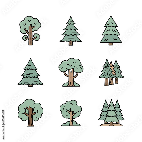 A collection of whimsical tree illustrations depicting diverse arboreal shapes and forms for