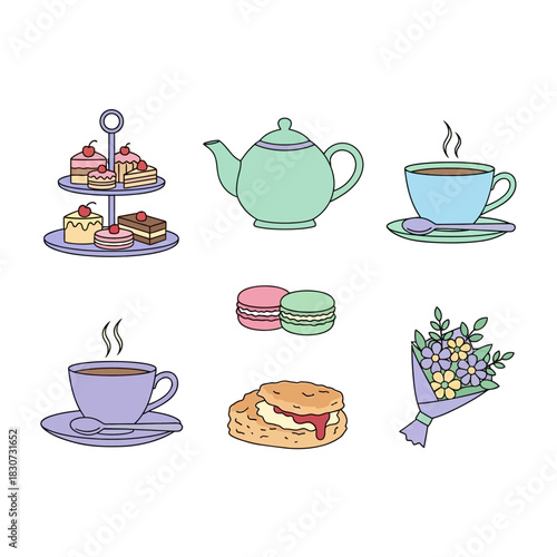 Elegant tea time illustration with confectionery delicacies and blooming floral arrangement art