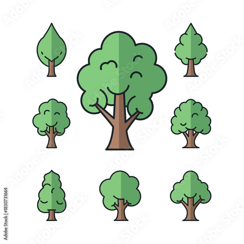 Collection of stylized arboreal icons depicting diverse tree silhouettes on light background