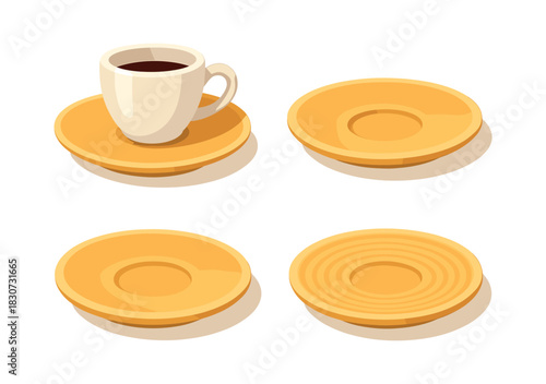 Coffee cup and saucer set, ceramic dishware, flat vector illustration