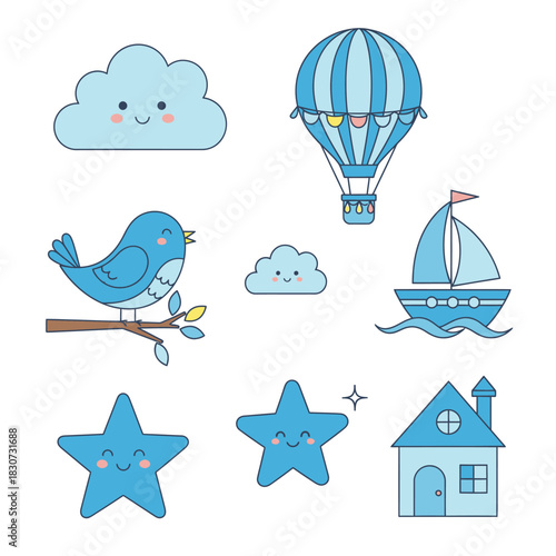 Whimsical blue icons floating in a charming dreamy pastel illustration for children's themes