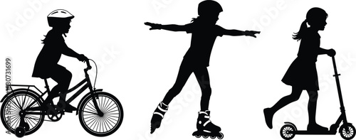 Set of three girl silhouettes riding bicycle, roller skates and scooter, vector illustration of active children playing outdoors, isolated on white background